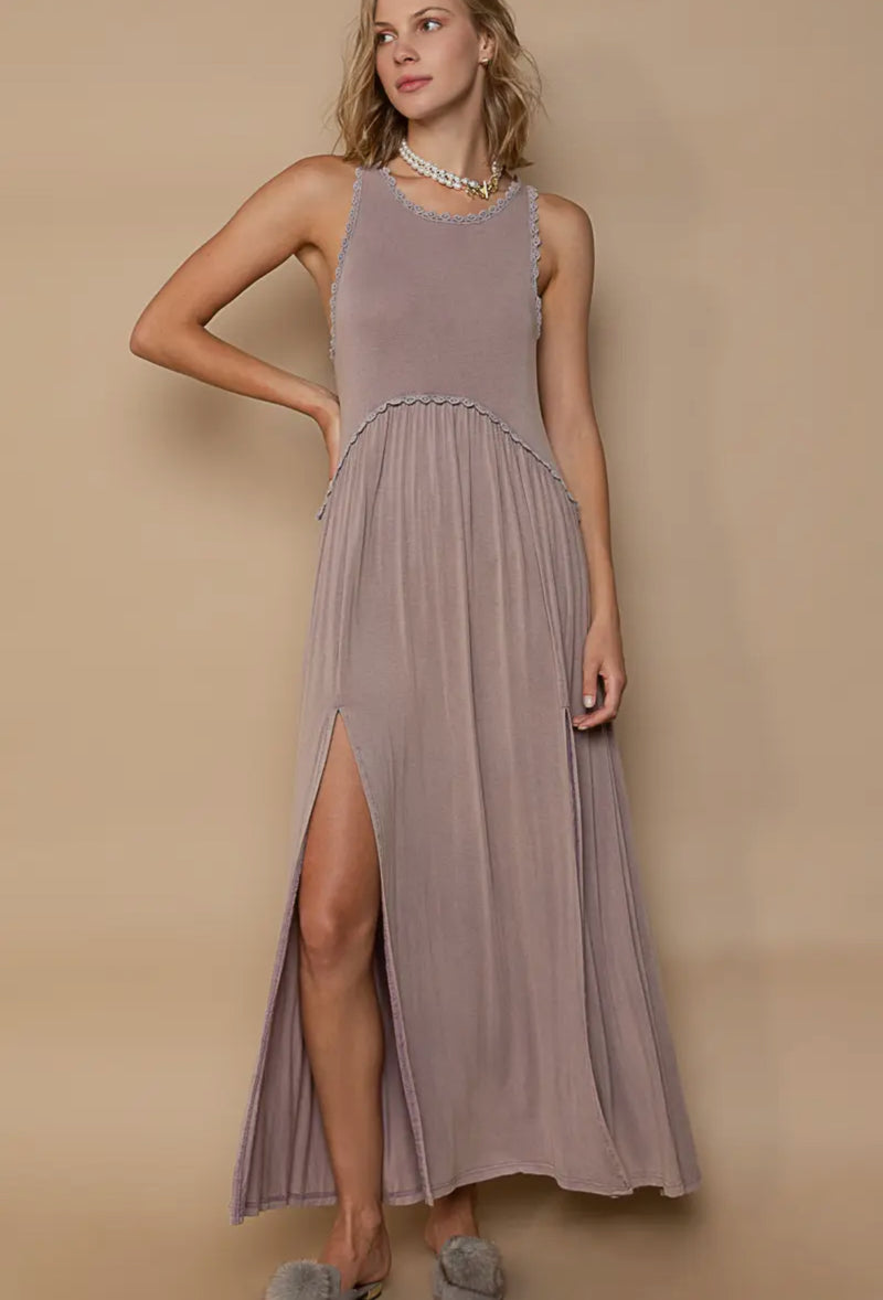 Sleeveless racer back zip front slit knit maxi dress