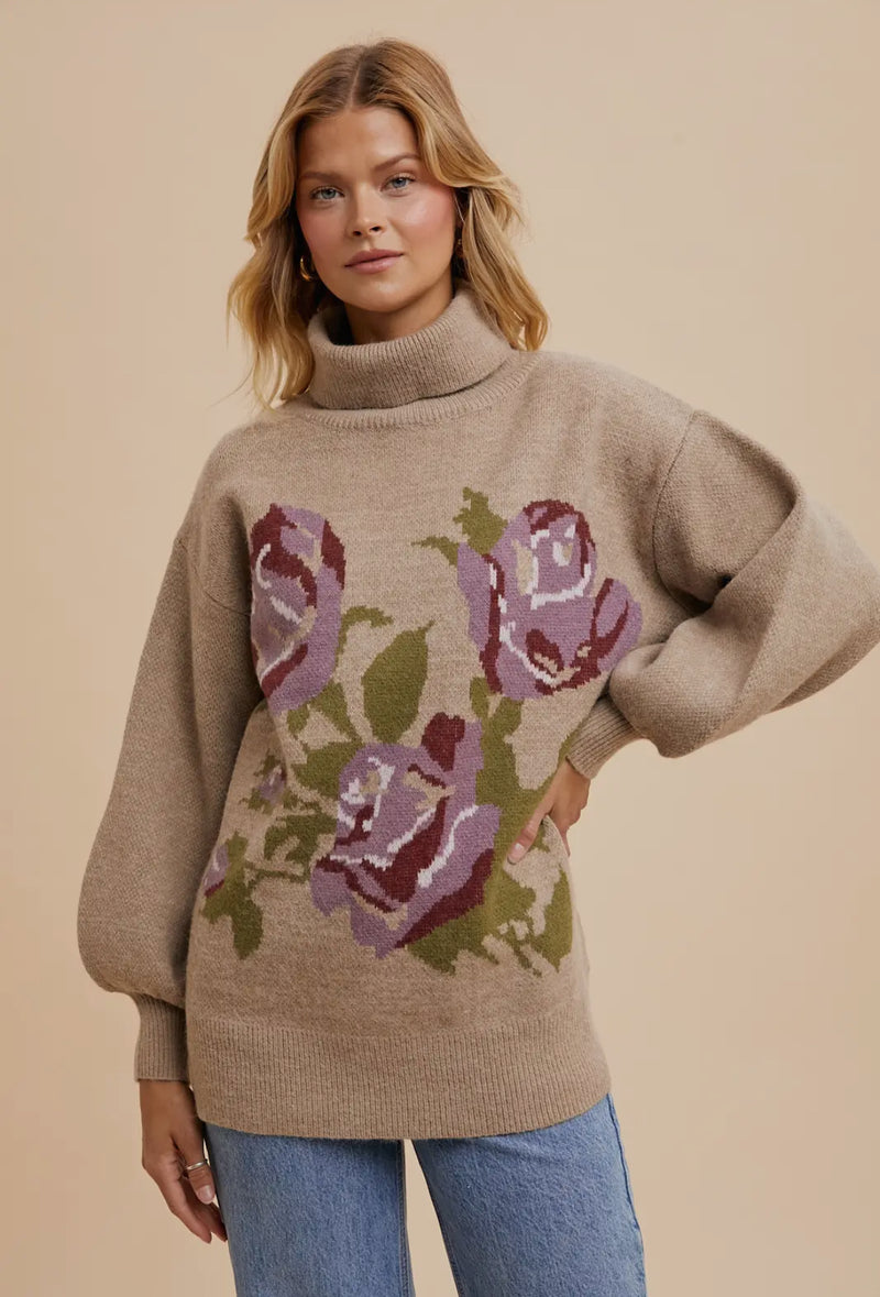 Turtleneck floral jacquard sweater