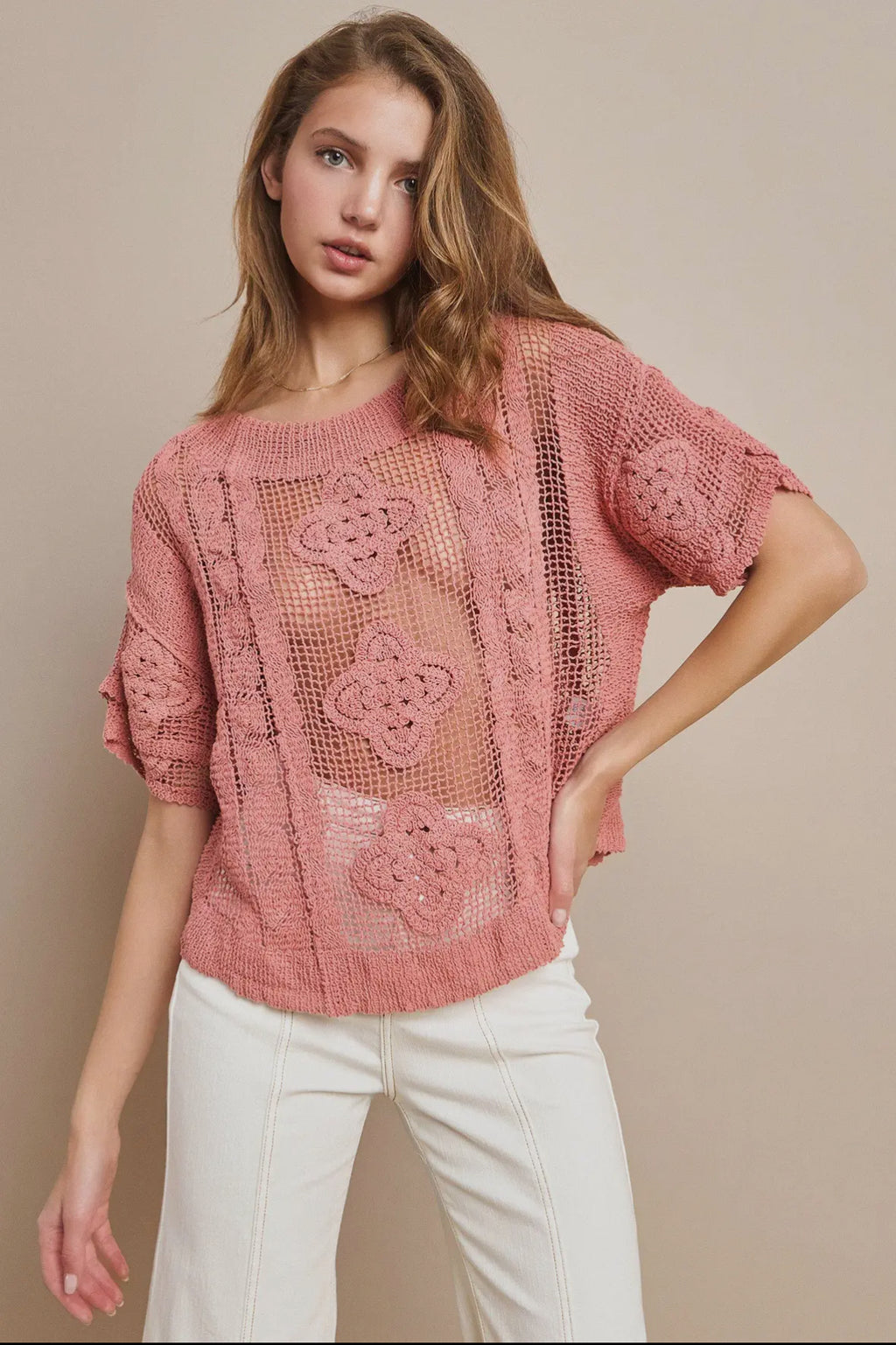 Short sleeve crochet knit top