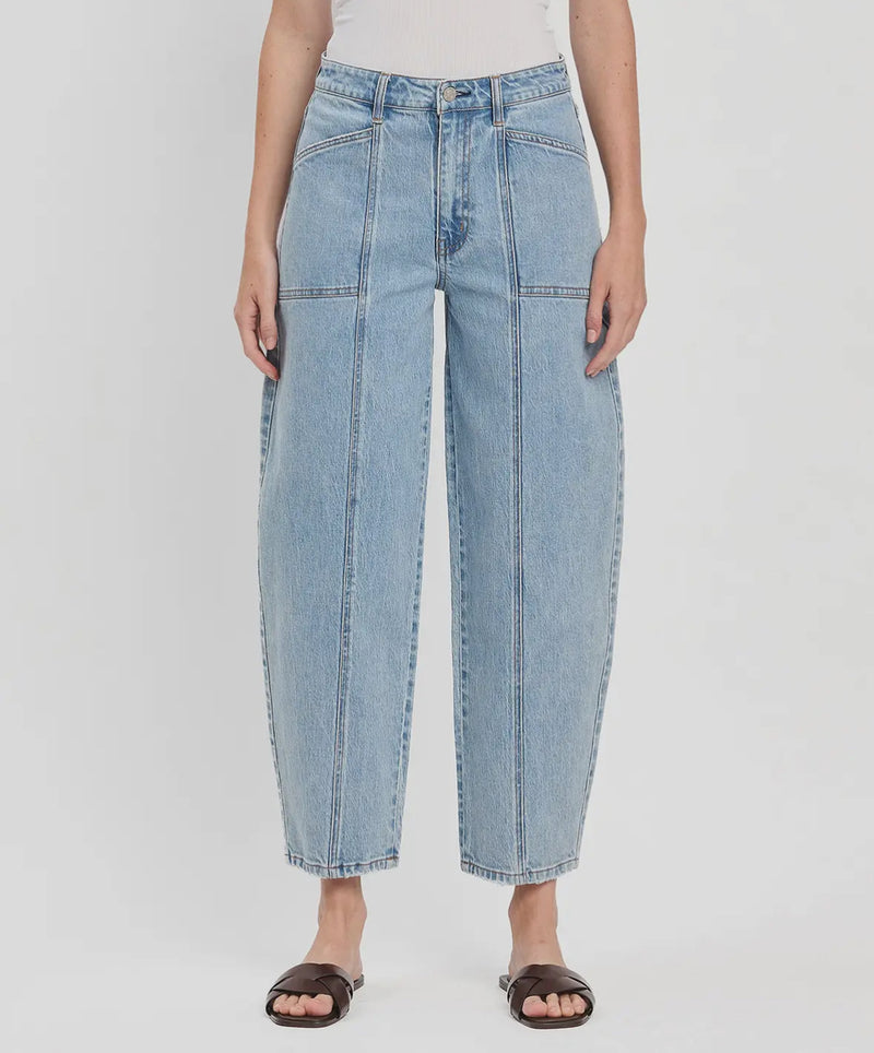 super high rise panel detail barrel jeans