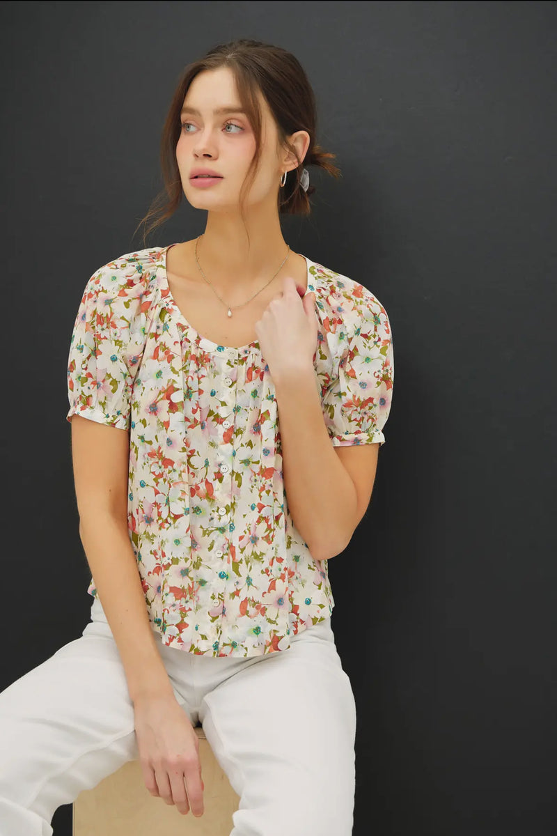 Floral boxy puff sleeve button up top