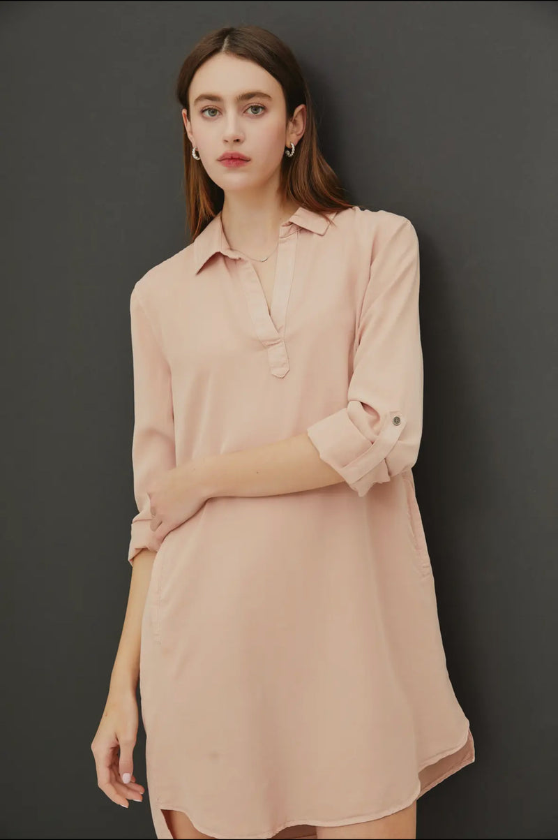 collared tencel dress with roll tab sleeve